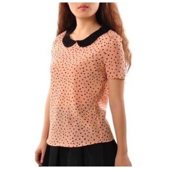 Zara Tops - Vintage 90s Zara Lace Peter Pan Collar Peach Black Print Button Down Back Blouse